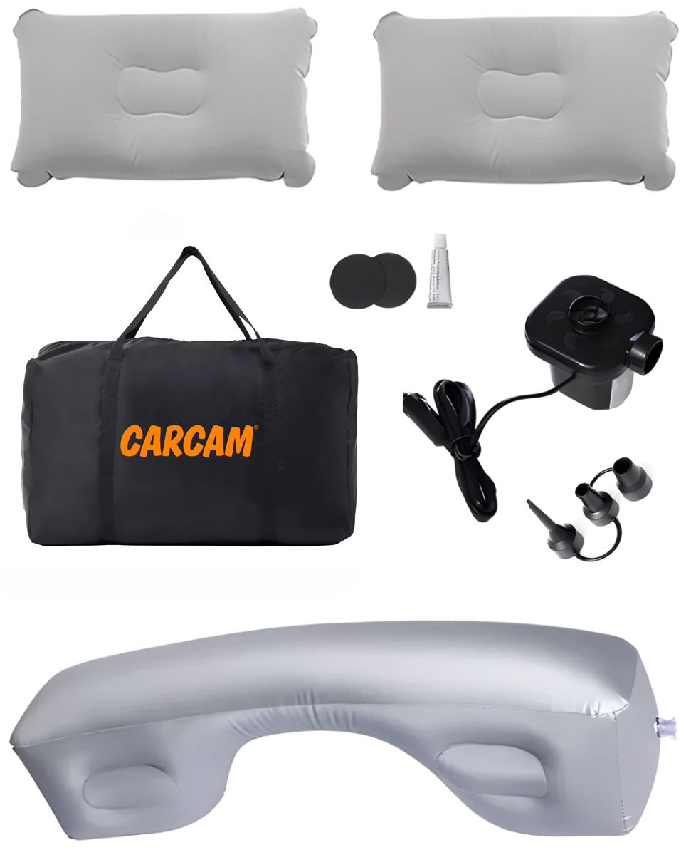 CARCAM Inflatable Auto Airbed, Two Pillows, Auto Air Pump, Repair Kit, 175x155 cm. (CCMTE134) Gray