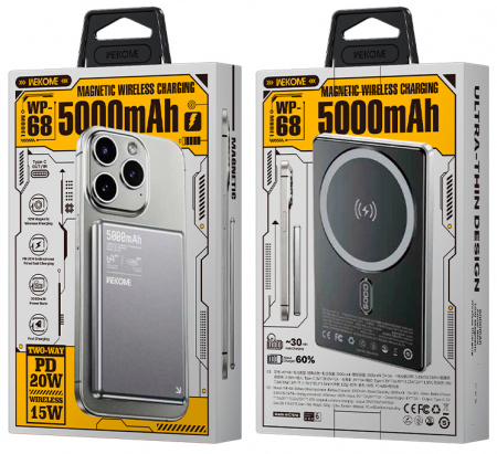 Wekome Blade Ultra-Thin Magnetic 15W Wireless Charging Power Bank with Dual Pop-Ups (WP-68) Tarnish