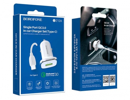 Borofone BZ12Aa АЗУ 1USB 3.0A QC3.0 Быстрая зарядка для Type-C Белый Borofone BZ12Aa АЗУ 1USB 3.0A QC3.0 Быстрая зарядка для Type-C Белый